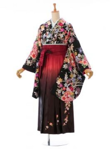 四季花柄の卒業式袴フルセット(黒系)|卒業袴(普通サイズ)