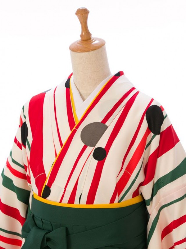 縞にドット柄の卒業式袴フルセット(白/赤系)|卒業袴(普通サイズ)2枚目