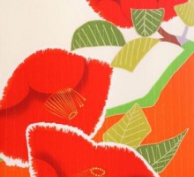 【紅一点】レトロな人気の椿柄の振袖フルセット(白　オレンジ系)|普通サイズ【2〜12月】