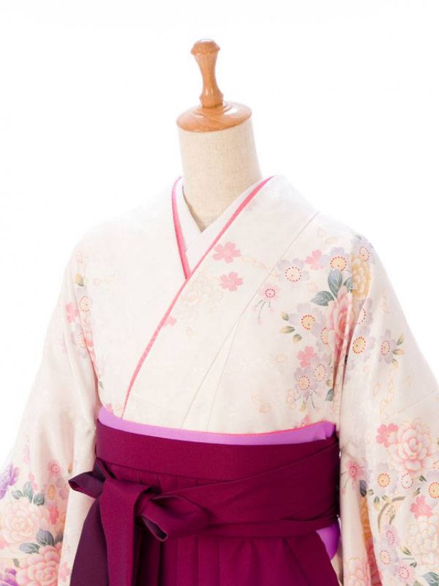 ピンクぼかし牡丹リボン柄の卒業式袴フルセット(白系)|卒業袴(普通サイズ)