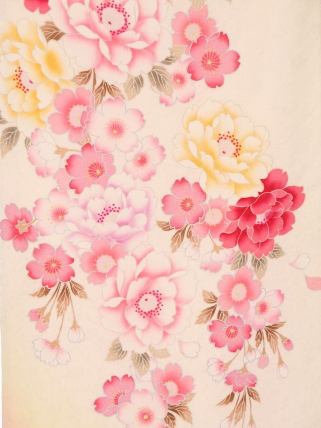 白地 ピンクぼかし　八重桜柄の振袖フルセット(白　ピンク系)|普通サイズ【2〜12月】