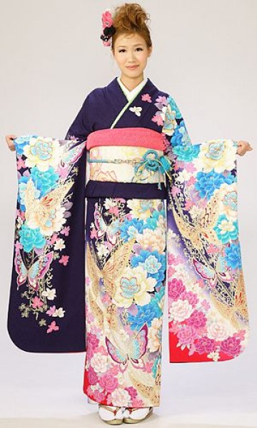 紺地　裾ピンク　蝶　牡丹柄の振袖フルセット(紺系)|普通サイズ【2〜12月】