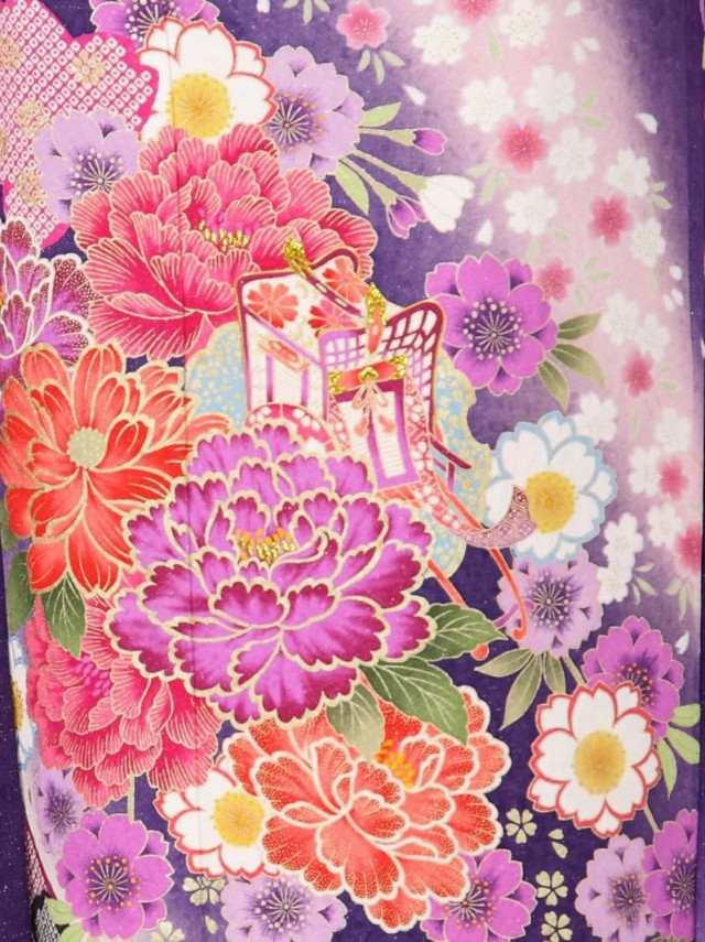 【裄長】紫ラメ織地　牡丹と桜に御所車柄の振袖フルセット(紫系)|普通サイズ【1月】