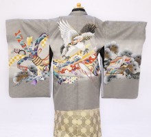 七五三着物レンタル　五歳男の子  グレー地羽織  金襴の袴　E-5-838