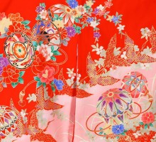 つづみ　まり　鶴柄のお宮参り着物フルセット(赤　ピンク系)|女の子