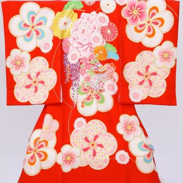 	【ジャパンスタイル】古典　梅　牡丹柄の宮参り着物フルセット(赤系)|女の子