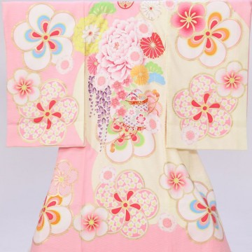 	【ジャパンスタイル】古典　梅　牡丹柄の宮参り着物フルセット(ピンク系)|女の子