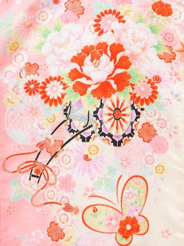 花車　牡丹　はなつづみ柄のお宮参り着物フルセット(ピンク系)|女の子