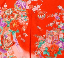 蝶　まり柄のお宮参り着物フルセット(赤　ピンク系)|女の子