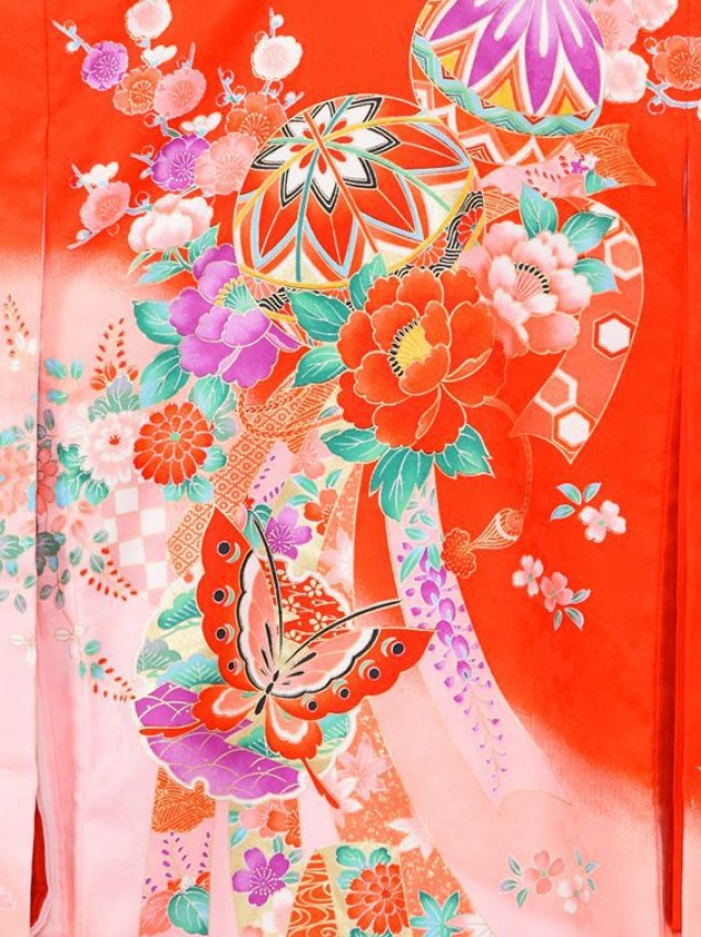 蝶　まり柄のお宮参り着物フルセット(赤　ピンク系)|女の子