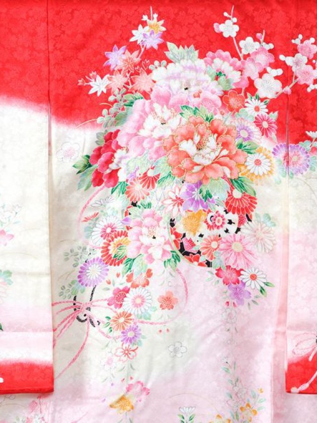 百花繚乱の花車柄のお宮参り着物フルセット(赤　ピンク系)|女の子