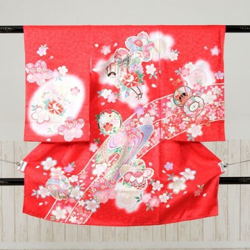 桜紋に吉祥文様柄の宮参り着物フルセット(赤系)|女の子