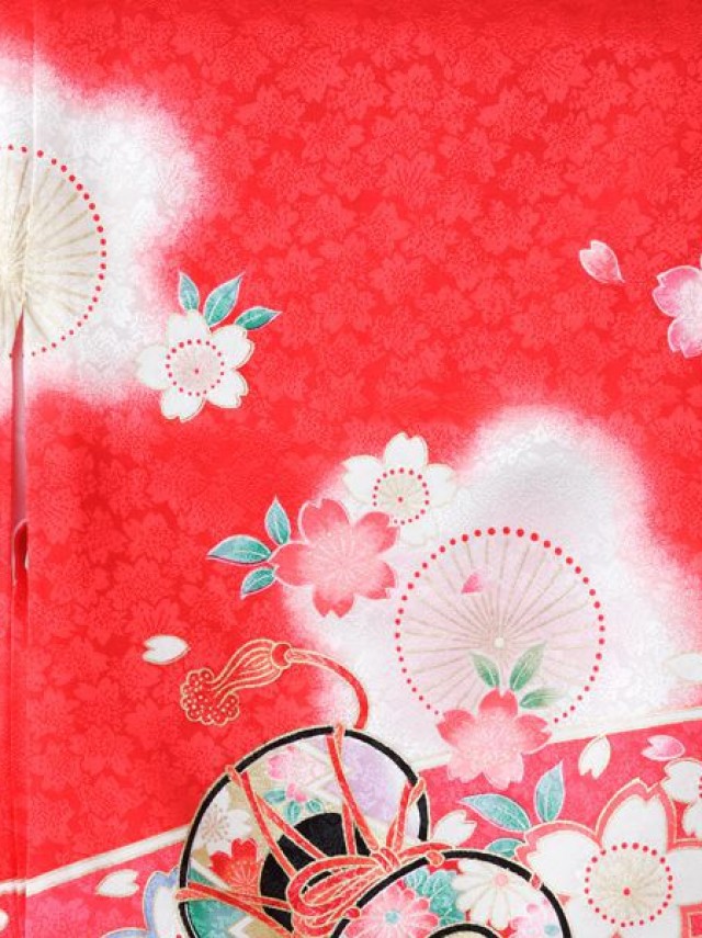 桜紋に吉祥文様柄のお宮参り着物フルセット(赤系)|女の子
