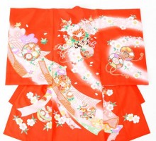 【絽】【夏用】花車と鞠柄のお宮参り着物フルセット(赤系)|女の子