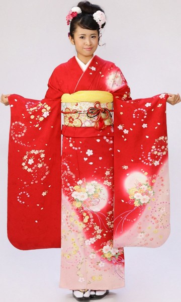 赤地　裾ピンクぼかし　花束　小桜柄の振袖フルセット(赤系)|普通サイズ【2〜12月】