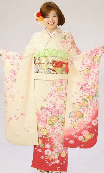 白地　裾ピンク　枝垂れ桜柄の振袖フルセット(白　ピンク系)|普通サイズ【2〜12月】