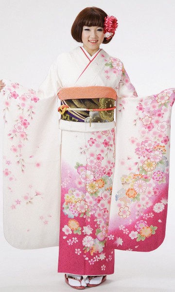 白地　裾牡丹色　しだれ桜菊柄の振袖フルセット(白系)|普通サイズ【2〜12月】