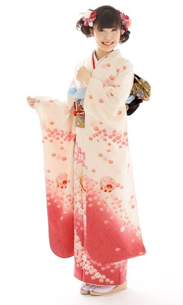 白地　裾ピンク　桜　まり柄の振袖フルセット(白　ピンク系)|普通サイズ【2〜12月】