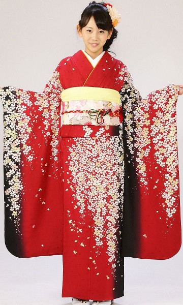 エンジ地　桜と小花柄の振袖フルセット(赤　黒系)|普通サイズ【1月】