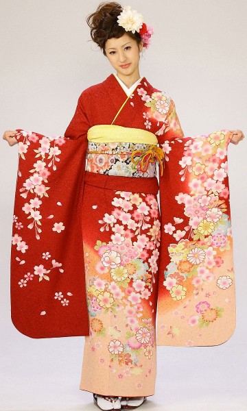 裾オレンジ　ラメ　牡丹　菊　桜柄の振袖フルセット(赤　オレンジ系)|普通サイズ【1月】