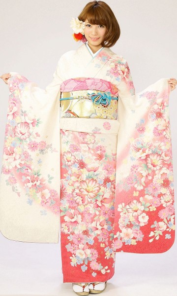 【裄長】牡丹　菊柄の振袖フルセット(白　ピンク系)|普通サイズ【1月】