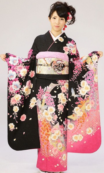 【押切もえ】裾ピンク　桜　蘭柄の振袖フルセット(黒　ピンク系)|普通サイズ【2〜12月】