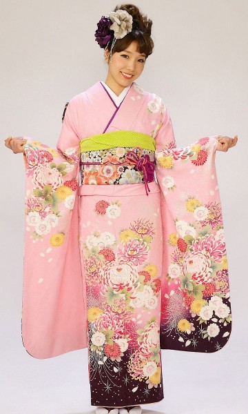 ピンク地　裾紫　桜　菊柄の振袖フルセット(ピンク系)|普通サイズ【2〜12月】