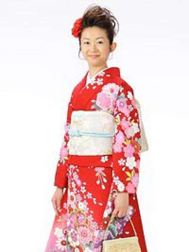 【裄長】古典柄の桜　牡丹　裾紫柄の振袖フルセット(赤系)|普通サイズ【2〜12月】