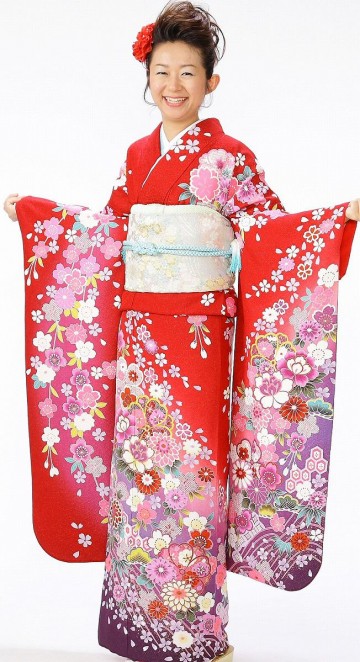 【裄長】古典柄の桜　牡丹　裾紫柄の振袖フルセット(赤系)|普通サイズ【2〜12月】