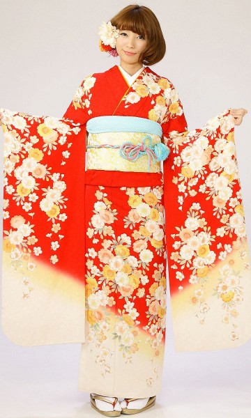 赤地にクリームぼかし　八重桜柄の振袖フルセット(赤　白系)|普通サイズ【1月】
