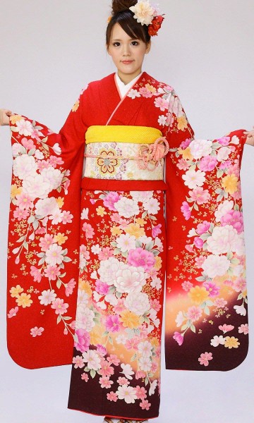 桜　裾オレンジぼかし柄の振袖フルセット(赤系)|普通サイズ【2〜12月】