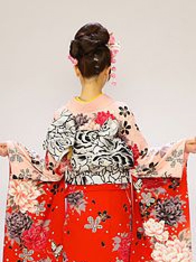 【裄長】 牡丹　千鳥の桜紋柄の振袖フルセット(赤　黄系)|普通サイズ【1月】