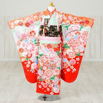 【七五三レンタル　七歳女の子】	人気の古典柄!FROM京都　ブランドの檜扇と牡丹の美しい古典