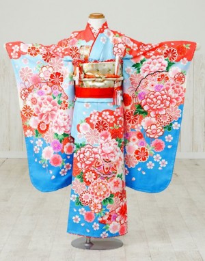 【七五三レンタル　七歳女の子】京都ブランドの明るい水色地は可愛さ引き立ちます☆檜扇と牡丹の美しい古典