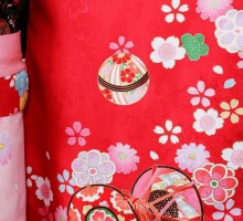 【七歳女の子】椿姫ブランド☆　赤/ピンク地の可愛いコンビの桜地紋に古典柄。