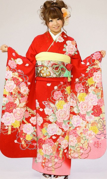 熨斗に牡丹　桜柄の振袖フルセット(赤系)|小さいサイズ(スモール)【2〜12月】