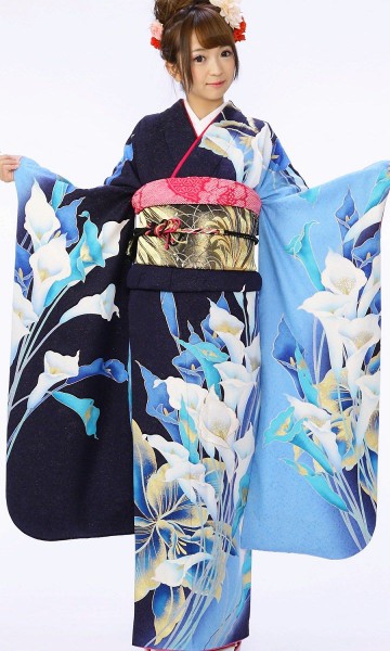 モダンテイストなカラーの花柄の振袖フルセット(紺系)|普通サイズ【2〜12月】