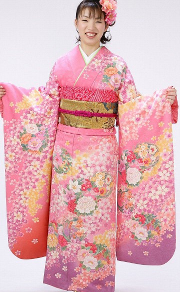 牡丹　コスモス　桜柄の振袖フルセット(ピンク系)| 大きいサイズ(ワイド)【1月】