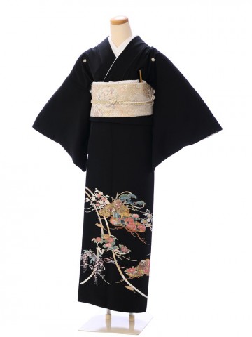 MSサイズ　笠松に四季の花柄の留袖フルセット|(黒留袖)
