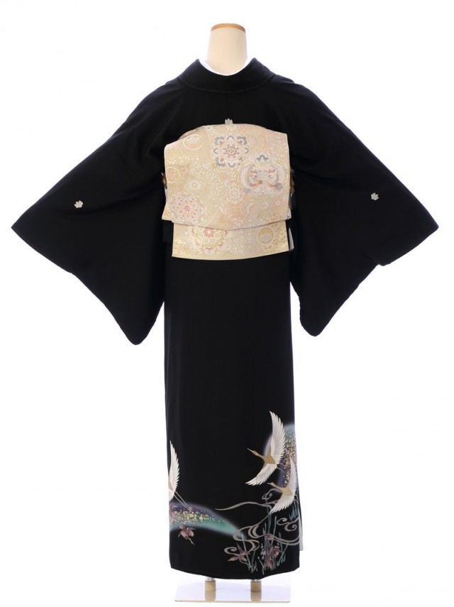 Mサイズ|正絹　鶴に竹文様の留袖フルセット|(黒留袖)