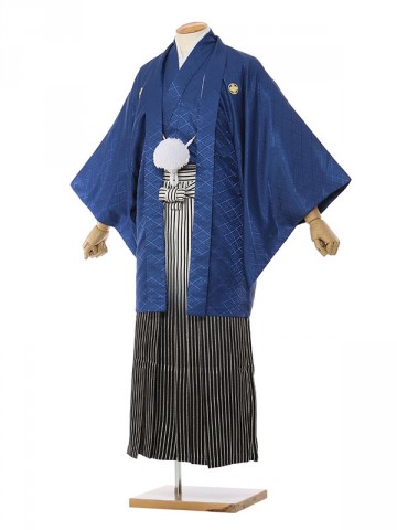 紺紋付×白/銀ぼかし袴柄の紋付袴フルセット(紺系)|成人式　卒業式紋付袴