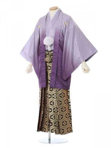 紫紋付金亀甲袴柄の紋付袴フルセット(紫系)|成人式　卒業式紋付袴