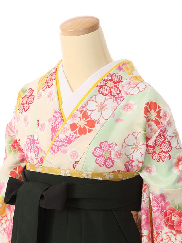 牡丹桜柄の卒業式袴フルセット(緑系)|卒業袴(普通サイズ)