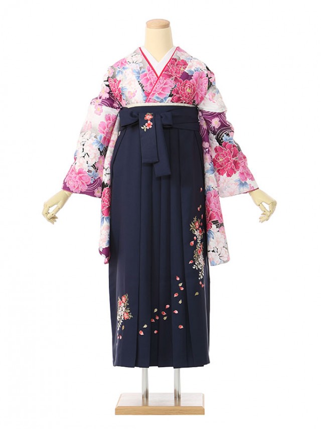 牡丹と桜の古典柄の卒業式袴フルセット(白/紫系)|卒業袴(普通サイズ)