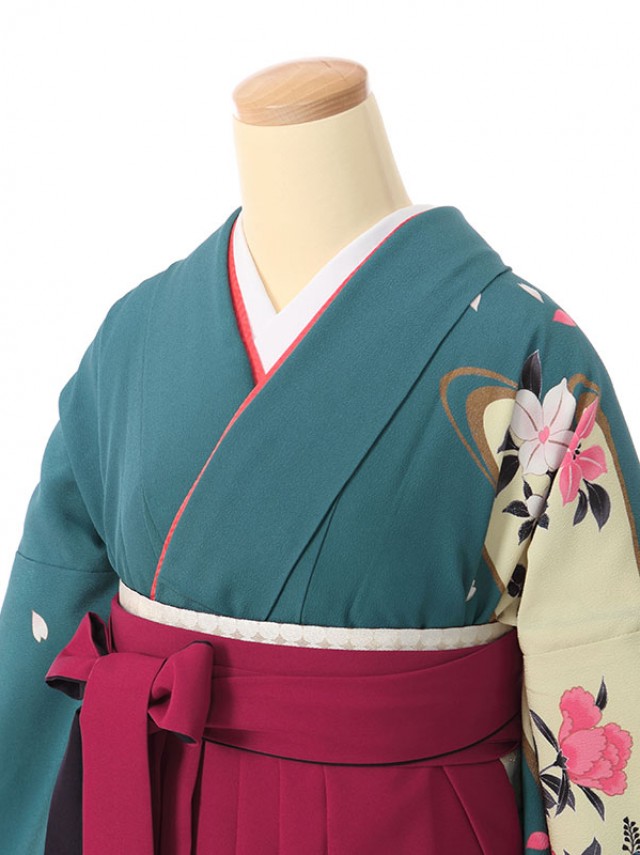 牡丹に椿柄の卒業式袴フルセット(緑系)|卒業袴(普通サイズ)