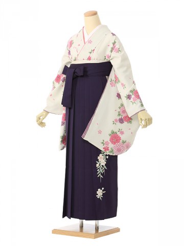 ピンク紫菊全体柄の卒業式袴フルセット(クリーム系)|卒業袴(普通サイズ)