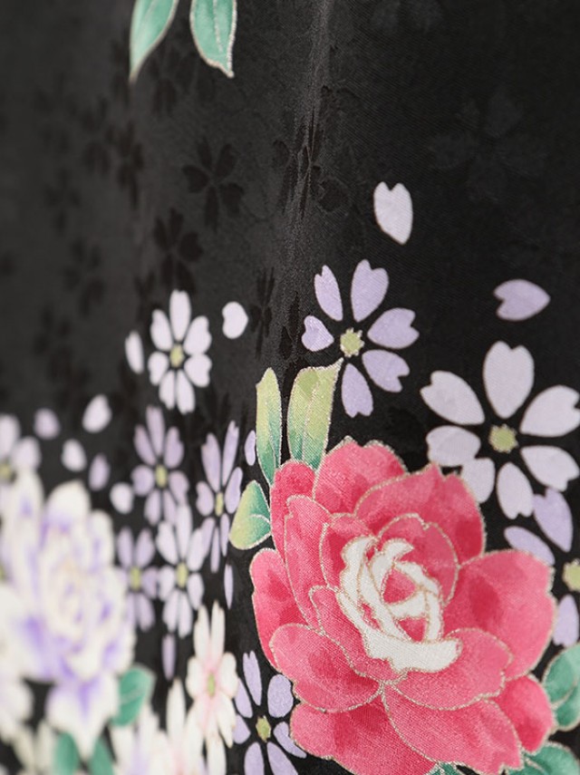 薔薇と小桜文様柄の卒業式袴フルセット(黒系)|卒業袴(普通サイズ)