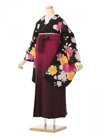 薔薇と桜文様の卒業式袴フルセット(黒系)|卒業袴(普通サイズ)