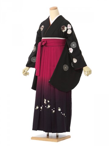 黒着物|JAPAN STYLE|花紋柄の卒業式袴フルセット(ブラック系)|卒業袴(普通サイズ)