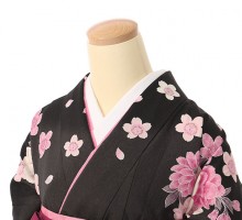 ピンク菊と桜柄の卒業式袴セット(黒系)|卒業袴(普通サイズ)